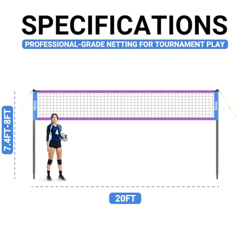 SPOYNAL Portable Volleyball Net for Backyard & Beach - 20FT/32FT Outdoor Volleyball Set with Adjustable Height (8ft/7.8ft/7.4ft), Boundary Line, Volleyball, Pump & Carry Bag