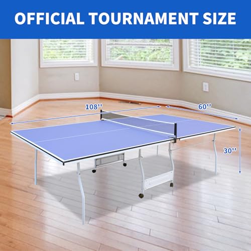 9FT Table Tennis Table, Foldable Ping Pong Table Set for Indoor Games, Portable Table Tennis Table with Net, 2 Table Tennis Paddles and 3 Balls