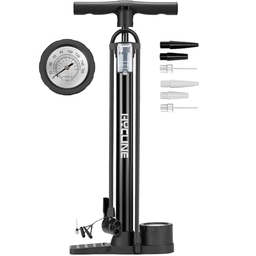 Hycline Bike Floor Pump: Bicycle Tire Pump 160 PSI with Schrader & Presta Valve - High Pressure Air Pumps for Road MTB BMX Hybrid Bikes Tires, Balls, Inflatables - color: Black with Gauge