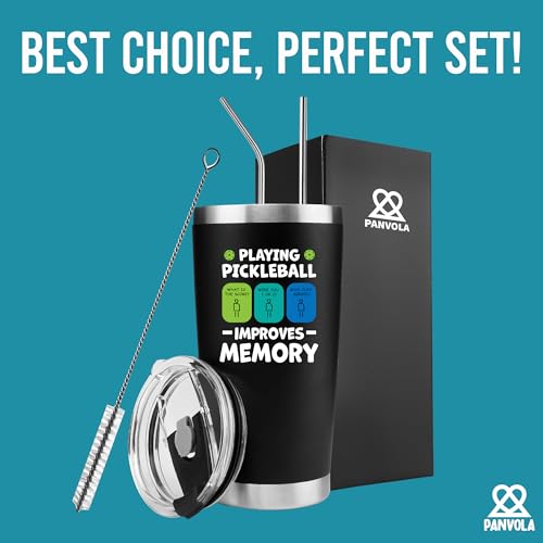 Panvola Playing Pickleball Improves Memory Tumbler Sports Player Gifts Vacuum Insulated Stainless Steel Tumbler With Removable Lid And Straw (Black, 20 oz) - size: 20 Ounces