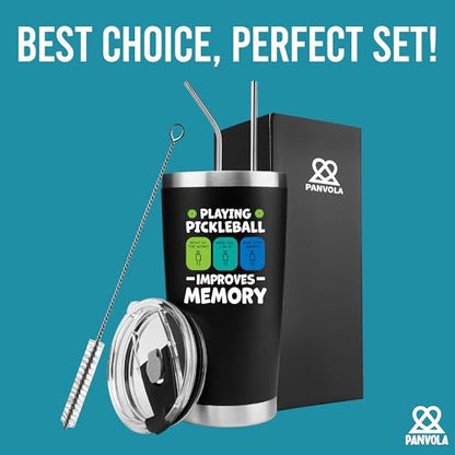 Panvola Playing Pickleball Improves Memory Tumbler Sports Player Gifts Vacuum Insulated Stainless Steel Tumbler With Removable Lid And Straw (Black, 20 oz) - size: 20 Ounces
