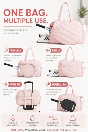 Pickleball,Tennis Racket Bag,Gym Bag for Women,Man. Quilted, Holds 2 Rackets with Shoe Compartment. Sport Bag for Gym, Court, Travel Duffle Bag - color: Candy Pink