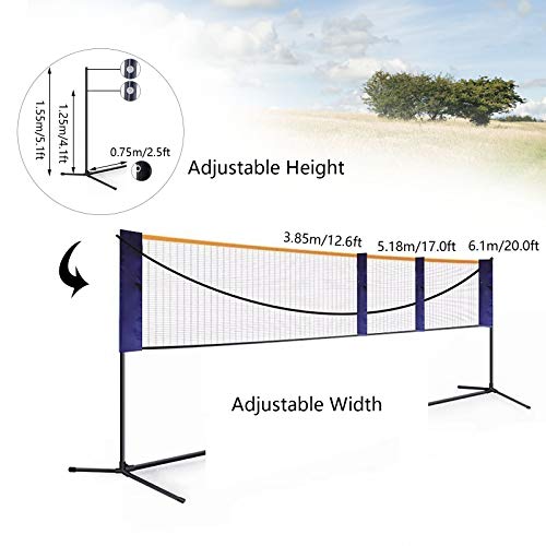 Foldable Badminton Net Set, Adjustable Width (20ft/17ft/12.6ft), Adjustable Height(2.5ft/4.1ft/5.1ft), Portable Badminton Net for Outdoor Indoor