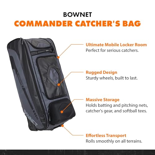 Bownet Commander Catcher’s Gear Bag with Wheels – Heavy Duty Rolling Baseball & Softball Equipment Bag, 14 Pockets, Helmet Case, Big Trax Wheels, Travel Approved - color: Black