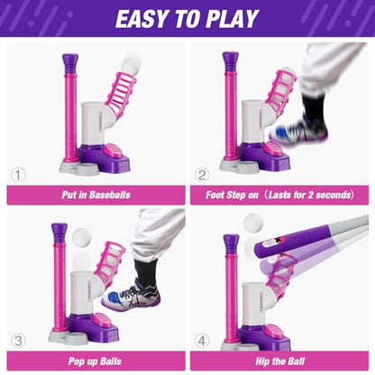 HYES Tball Set for Toddlers 3-5, Tee Ball Set with Step on Pitching Machine/Adjustable Batting Tee/Retractable Baseball Bat/8 Pop Up Balls, Outdoor Sport Toy Games for Kids Girls