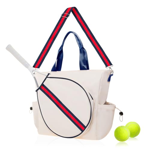 Tennis Bag for Women Racket Tote, Stylish Backpack - Unisex Racquet Sports Pickleball Bag Convertible Shoulder, Crossbody Strap Large Compartment - color: Tote - Ivory/Red Stripe