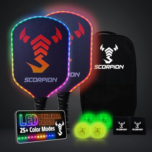SCORPION LED Pickleball Paddles Set of 2 or 1 – Lightweight Rackets with LED Edge Lighting | Carbon Fiber/Fiberglass/Wood Face | Durable Paddles for Women, Men, and Kids | Includes Bonus Accessories - color: Genesis 2 Paddle Set w/ Bonus Bag & 4 Balls