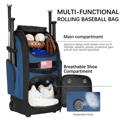 Rolling Baseball Bag with Wheels, 60L Capacity Wheeled Softball bag with Shoe Compartment for Youth & Adult, Bat bag with Hidden Straps,Fence Hook,Holds 4 Bat, Helmet, Glove - color: Blue