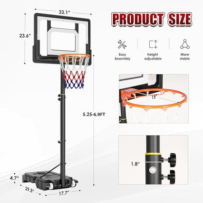 soges Portable Basketball Hoop with Wheels, Outdoor 5.25-6.9 FT Height Adjustable Goal System w/Enlarged Fillable Base, for Teens Youth Adults in Backyard/Driveway/Indoor