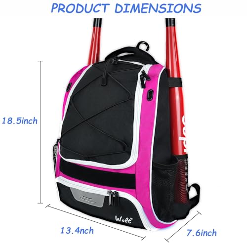 WOLT Youth Baseball Bag - Bat Backpack for Baseball, T-Ball & Softball Equipment & Gear, Bat & Glove Holder, Large Main Compartment for Helmet & accessories, Separate Shoes Compartment, Fence Hook - color: pink