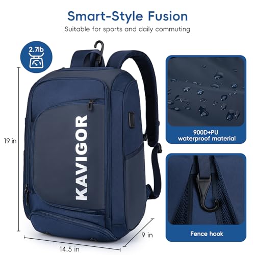 KAVIGOR Pickleball Bag, Large Pickleball Backpack Holds 4 to 6 Paddles, Shoes Compartment & Wet/Dry Pocket (9 Pockets), Charge Port - color: Blue