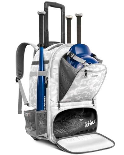 AUROTIER Rolling Baseball Backpack with Off-road Wheels, Wheeled Catchers Gear Bag for Baseball Equipment, 4 Bats, Large Softball Bag for TBall, Helmet & Accessories with Fence Hook - color: White Camo