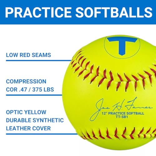 Tanner Tee 12 Inch Softballs 1/2 Dozen (6 ea) Practice Softballs with Synthetic Yellow Leather Cover, Red Stitching, and Poly Core Center for Fastpitch Softball and Slowpitch Softball