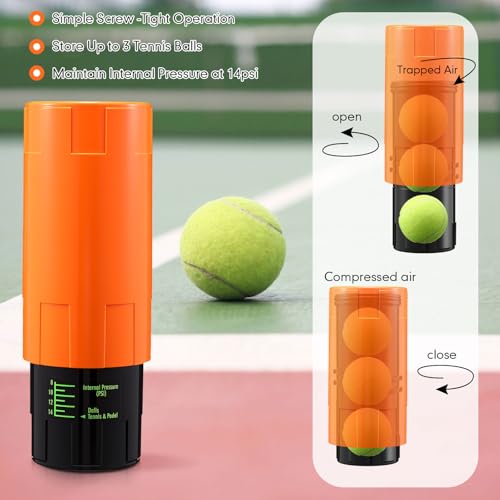 Soulchen Tennis Ball Pressurizer - Tennis Ball Storage Canister Holds 3 Balls Under 14 Psi Pressure, Reusable Stuff for Bounce Retention, Lightweight & Durable - color: Orange