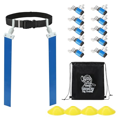Gameday Flag Football Set – Kits for 2–14 Players w/Belts, Agility Cones & Carry Bag – Available in Multi Colors & Sizes - color: Blue 10 Pcs, style: 10 Pcs