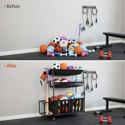 MyGift Garage Sports Equipment Organizer, 3 Tier Metal Ball Storage Bin with Wheels and Mesh Fabric Shelf Baskets, Rolling Gym Equipment Yoga Mat Storage Stand with Ball Toy Bins and 6 Hooks