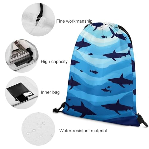 Lightweight Drawstring Sackpack Sports Backpack Waterproof for Gym Travel Hiking Men Women Durable Polyester, Sharks Fish Pattern Sky Blue Bags - color: Picture (756)