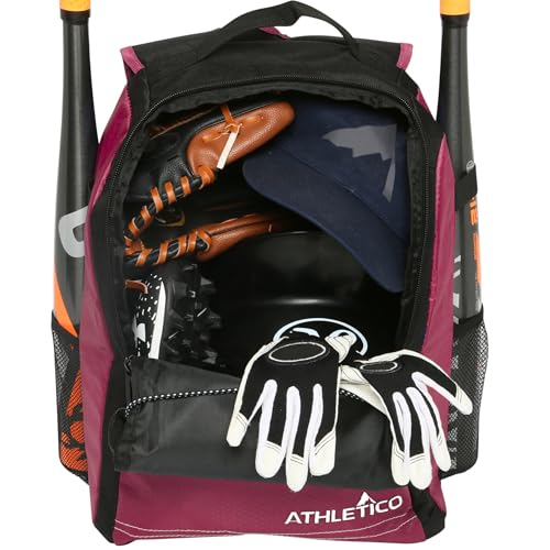 Athletico Youth Baseball Bag - Bat Backpack for Baseball, T-Ball & Softball Equipment & Gear | Holds Bat, Helmet, Glove | Fence Hook - color: Maroon