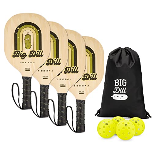 Big Dill Pickleball Paddle Set of 4 Wooden Rackets and Pickle Balls – Beginner Pickleball Kit with Balls & Carry Bag for Family, Group Play & Outdoor Games