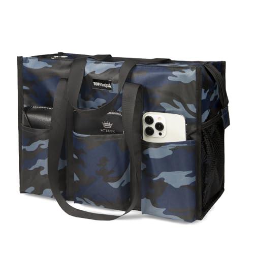 TOPDesign Utility Water Resistant Tote Bag with 13 Pockets, Top Zipper Closure & Thick Bottom Support, for Working Women - color: Blue Camouflage, size: Large