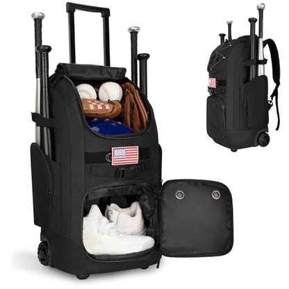 Rolling Baseball Bag with Wheels, 60L Capacity Wheeled Softball bag with Shoe Compartment for Youth & Adult, Bat bag with Hidden Straps,Fence Hook,Holds 4 Bat, Helmet, Glove - color: Black