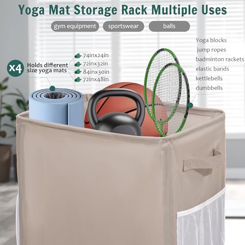 Yoga Mat Storage Racks, Home Gym Storage Rack with Wheels, Yoga Mat Holder Side 2 Mesh Pockets, Yoga Storage Basket Holds 4 Yoga Mats, 2 Foam Rollers, 6 Resistance Bands - color: Khaki