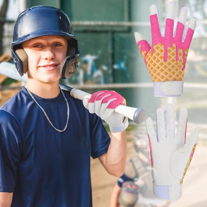 JenPen 1 Pair Youth Ice Cream Drip Batting Gloves 6 Inch Baseball Batting Gloves Long Cuff Leather Ice Cream Drip Pattern Mitt Grip Finger for Softball Teeball Baseball Kids Youth Boys - color: Pink, size: M Size