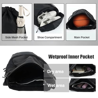 6 Pack Gym Drawstring Backpack Bags Bulk with Shoe Compartment for Sports Wet Proof Pocket for Men Women Large(Black) - color: Black