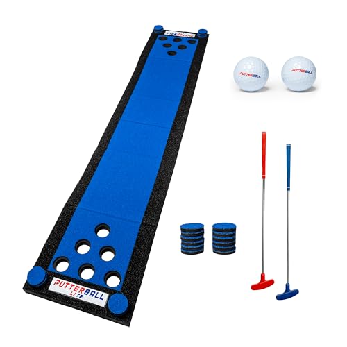 PutterBall Original Golf Putting Game Set – Backyard Putting Green Pong Style Golf Mat with 2 Putters, 2 Balls & Hole Covers - 9 ft - color: Blue