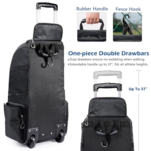 Large Rolling Baseball Catchers Gear Bag with Wheels, Softball Bag with Hard Backing for 4 Bats,Equipment Bag with Separate Shoe & Helmet Compartments, Youth Baseball Bag with 360° Spinner Wheels - color: Black - Style A - Integrated Rolling System, size: