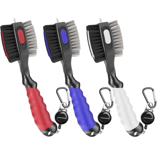 THIODOON 2 Pack Golf Club Brushes and Groove Cleaner 2 ft Retractable Zipline Carabiner Golf Brush Head with Retractable Spike Comfortable Grip Golf Club Cleaner - color: 3pcs White& Red & Blue