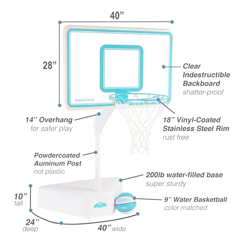 Dunn-Rite Splash & Shoot Pool Basketball Hoop, Adjustable Height Backboard – 200lbs Water-Filled Base, Stainless Steel Rim & Waterproof Basketball, Made in USA, Clear Aqua