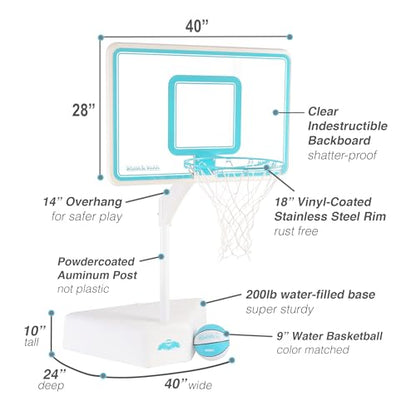 Dunn-Rite Splash & Shoot Pool Basketball Hoop, Adjustable Height Backboard – 200lbs Water-Filled Base, Stainless Steel Rim & Waterproof Basketball, Made in USA, Clear Aqua