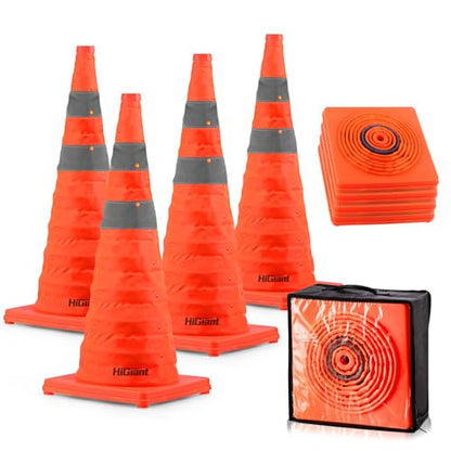 HiGiant [4 Pack] Collapsible Traffic Safety Cones 28 Inch, Orange Pop-up Cones with Reflective Collar, Caution Cones for Road Driving Practice and Parking lot