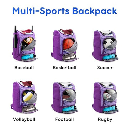 J World Athlete Sports Ball & Baseball Bag. Soccer Volleyball Basketball Backpack Women Men. Kids Softball Bat Bag Girls Boys - color: Purple