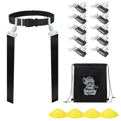 Gameday Flag Football Set – Kits for 2–14 Players w/Belts, Agility Cones & Carry Bag – Available in Multi Colors & Sizes - color: Black 10 Pcs, style: 10 Pcs