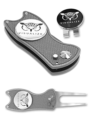VISUALIZE Elite Switchblade Golf Divot Repair Tool Set with Ball Marker - Sturdy Anodized Aluminum - Perfect Golf Accessory Gift - color: Gun Metal Gray - White