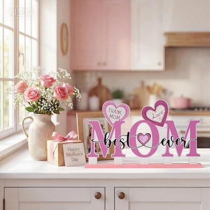 Smile Happy Mother's day Indoor Decorations Wooden Decor Table Centerpiece Thank You Mom Best Ever Wooden Plaque Ornaments for Home Kitchen - style: Letter Mom