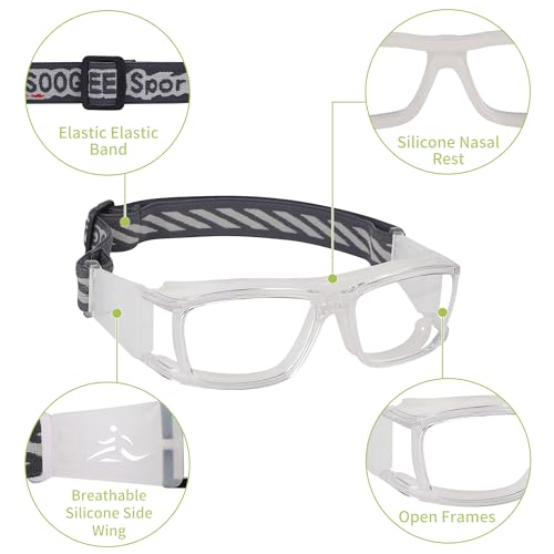 SooGree Sport Glasses for Men Women Basketball Football Sport Goggles Anti Fog Shock Collision Wearable Glasses - color: Transparent Frame White Nose Pads