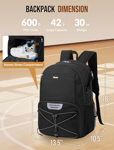 Basketball Backpack with Shoe Compartment Large Basketball Bag with Ball Holder for Men Women Gym Backpack fit Volleyball Football for Sports Travel Gym - Black - color: Black
