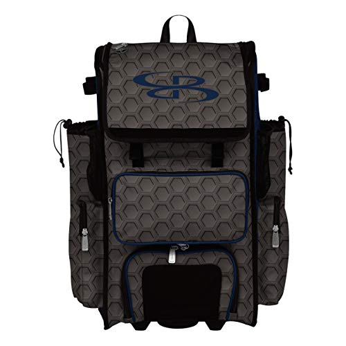Boombah Rolling Superpack 2.0 3DHC Baseball/Softball Gear Bag - 23-1/2" x 13-1/2" x 9-1/2" - Multiple Colors - Telescopic Handle and Holds 4 Bats - Wheeled Version - color: Dark Charcoal/Navy