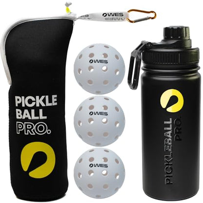 WES Pickleball Water Bottle + Pickleball Ball Holder + 3 Outdoor Pickleball Balls | Insulated Pickleball Water Bottle with Sport Spout Lid - color: Black