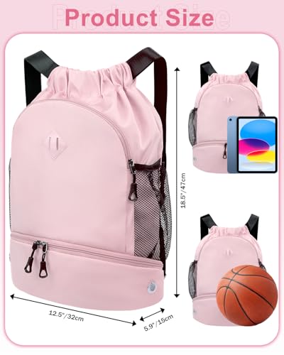 RHDZO Drawstring Backpack Gym Backpack with Shoe Compartment for Men Women String Sports Bag with Wet Pocket Cinch Swim Beach Bag, Large Pink - color: Large Pink
