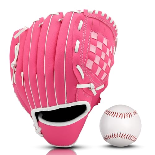 Baseball Glove + Ball Sets, Softball Glove, Baseball Mitt, 10.5''-12.5'' for Youth/Adult Training and Beginner Play, Synthetic Leather Softball Mitt - color: Rose red, size: 12.5"