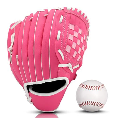 Baseball Glove + Ball Sets, Softball Glove, Baseball Mitt, 10.5''-12.5'' for Youth/Adult Training and Beginner Play, Synthetic Leather Softball Mitt - color: Rose red, size: 10.5"