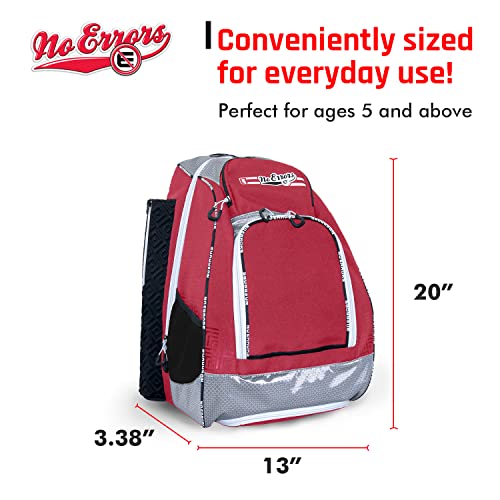No Errors Sports RBP Rookie Baseball and Softball Backpack - Youth Baseball and Softball Bat Bag with Fence Hooks - Baseball and Softball Equipment Bag for Kids - color: Red