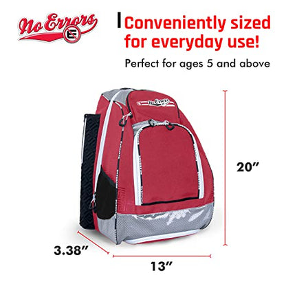 No Errors Sports RBP Rookie Baseball and Softball Backpack - Youth Baseball and Softball Bat Bag with Fence Hooks - Baseball and Softball Equipment Bag for Kids - color: Red