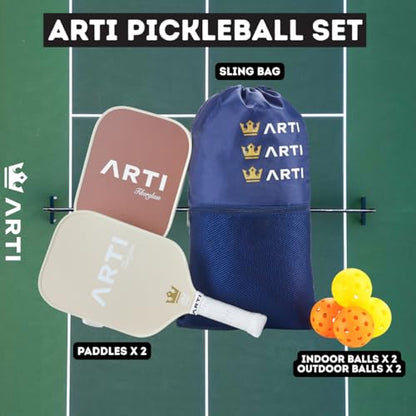 ARTI Pickleball Paddles Set of 2-USAPA Approved Fiberglass Surface Pickleball Set,2 Pickleball Rackets, 4 Balls and 1 Portable Carry Bag - color: Grey + brown