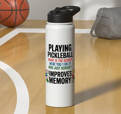 Funny Pickleball Improves Memory - Sarcastic Dinking Court Stainless Steel Insulated Water Bottle - color: White