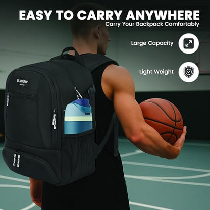 Basketball Backpack with Ball Holder & Shoe Compartment, Large Sports Bag for Men Women, Water Resistant Gym Backpack for Soccer, Football, Volleyball – Black